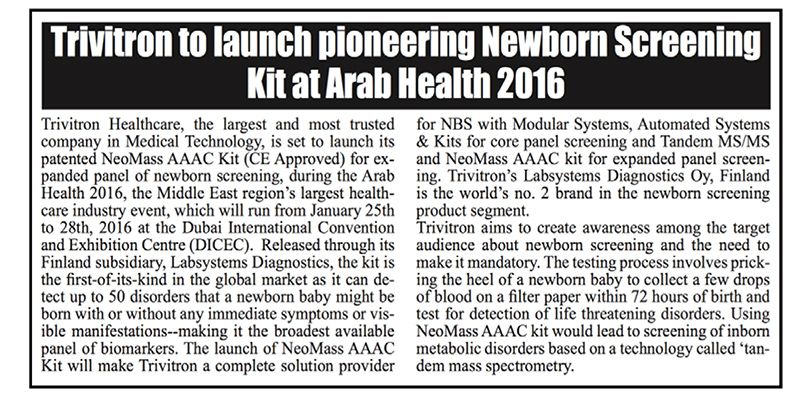 Trivitron to launch pioneering Newborn Screening kit at Arab Health 2016