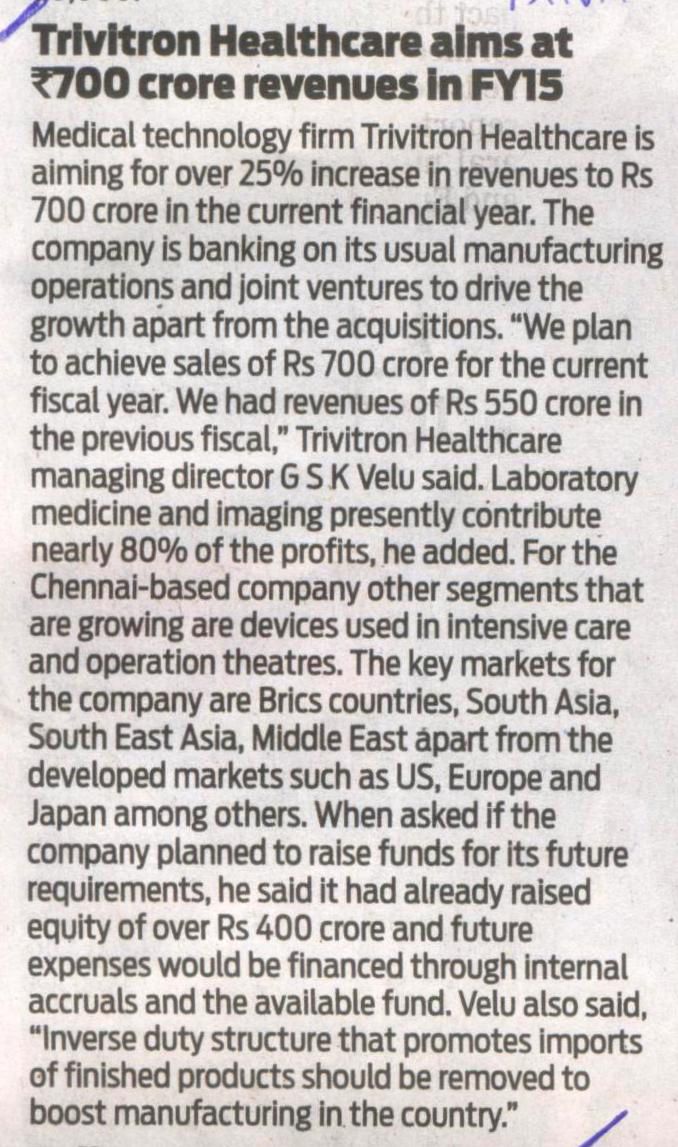 Trivitron Healthcare aims at 700 crore revenues in FY15