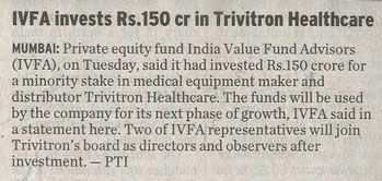 IVFA invests Rs.150 Crore in Trivitron Healthcare